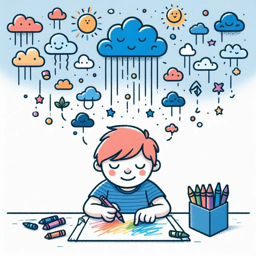 A child aged 8 drawing a picture with crayons, with only one piece of cloud in the sky, without showing the crayons in the picture..png