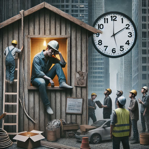 청년들이 열악한 작업환경, 야근 등으로 건설업을 기피하는 이미지.png