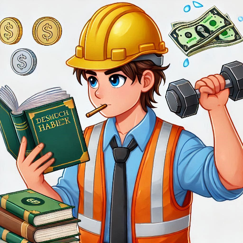 A young construction worker maintaining good habits like reading and exercising to accumulate wealth.png