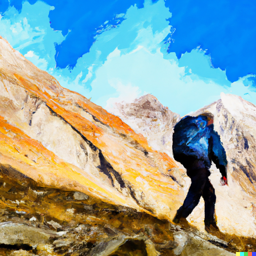 DALL·E 2023-07-09 15.10.29 - TENS OF MOUNTAIN WITH MAN HIKING, water paint, digital image, next high mountain.png