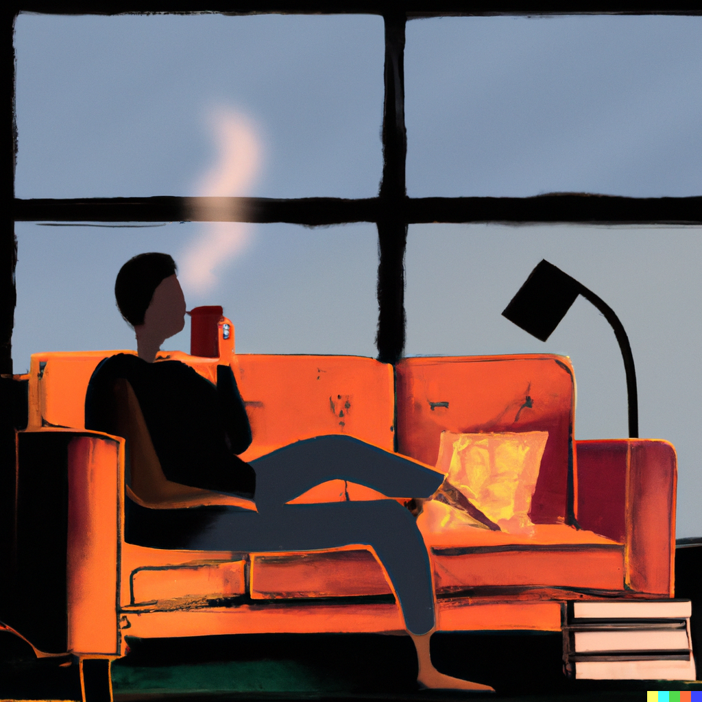 DALL·E 2023-01-15 03.26.42 - an illustration of the man who is sitting on the sofa beside the window at cozy apartment, the orange light of small lamp located  on the table beside.png