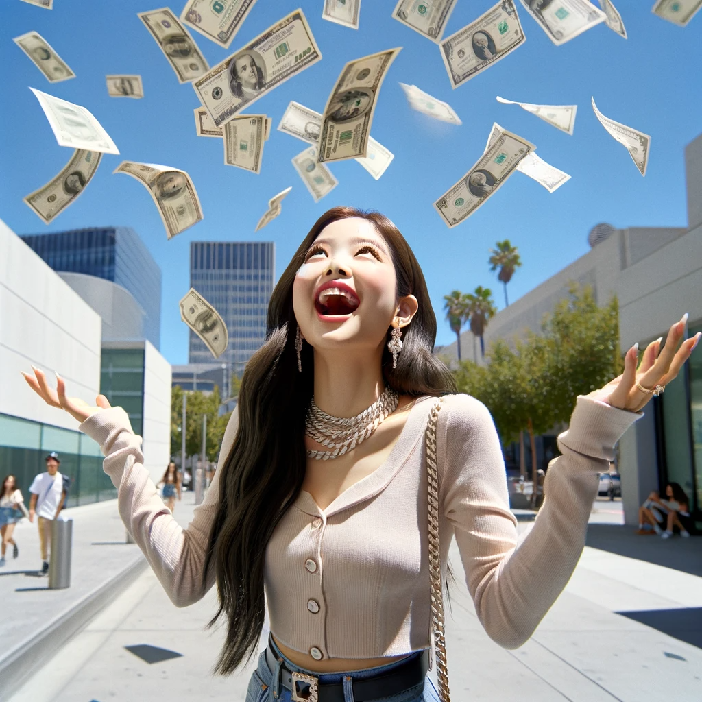 DALL·E 2023-12-11 21.53.46 - A woman resembling Jennie from Blackpink, ecstatic as she finds herself suddenly wealthy. She is standing outside on a sunny day, looking up in surpri.png