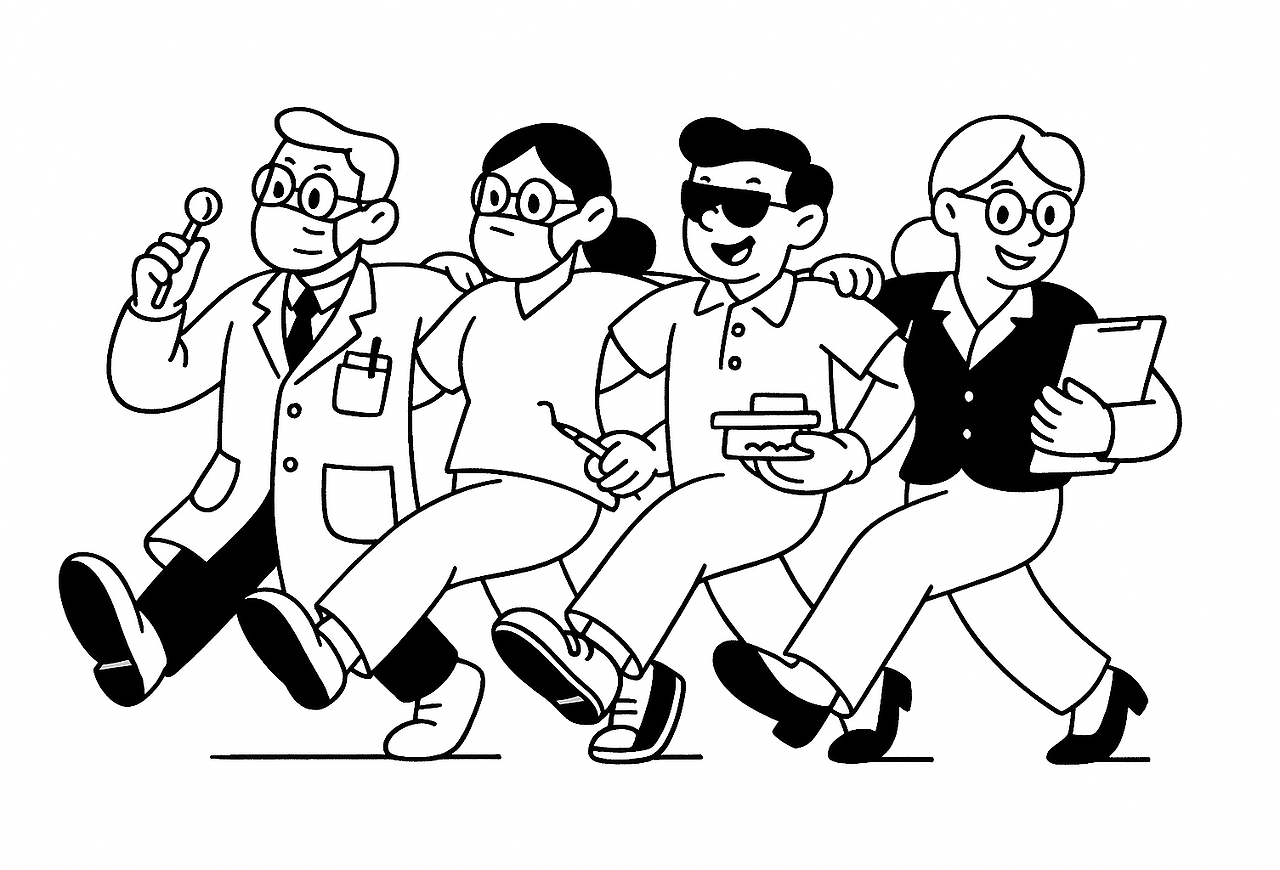 A cheerful black and white line art illustration of a dental team walking together with their arms around each other.png