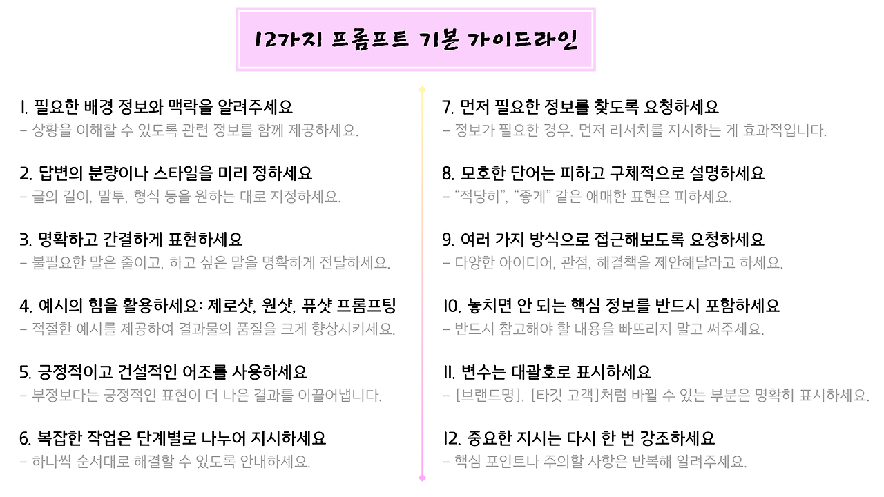 1. 필요한 배경 정보와 맥락을 알려주세요 상황을 이해할 수 있도록 관련 정보를 함께 제공하세요. 2. 답변의 분량이나 스타일을 미리 정하세요 ① 글의 길이, 말투, 형식 등을 원하는.png