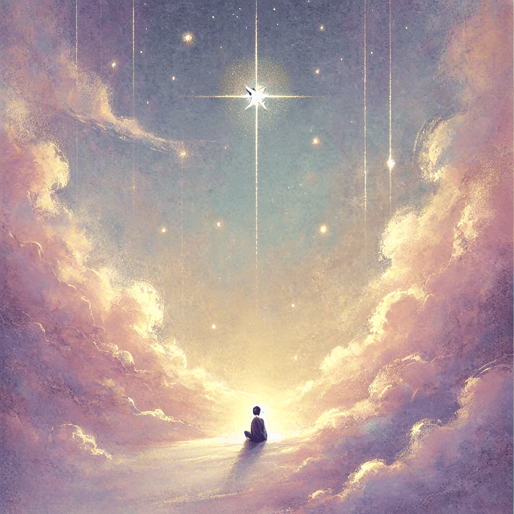 DALL·E 2024-10-16 00.08.57 - A soft, pastel-toned illustration capturing the feeling of wishing for a miracle in love. The scene features a solitary figure looking up at a night s.png