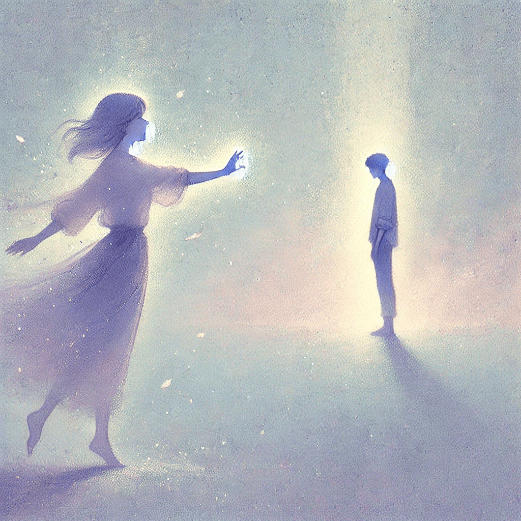 DALL·E 2024-10-16 01.02.52 - A soft, pastel-toned illustration evoking feelings of unrequited longing and sadness. The scene shows two figures, one reaching out with visible emoti.png
