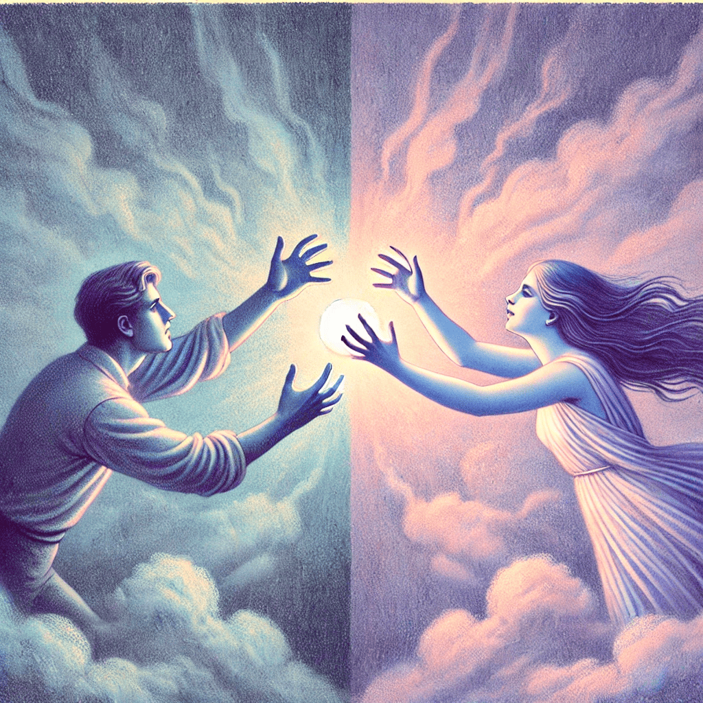DALL·E 2024-10-15 23.35.42 - A pastel-toned illustration depicting a man and a woman, each reaching towards a glowing object symbolizing unattainable desire, evoking feelings of g.png