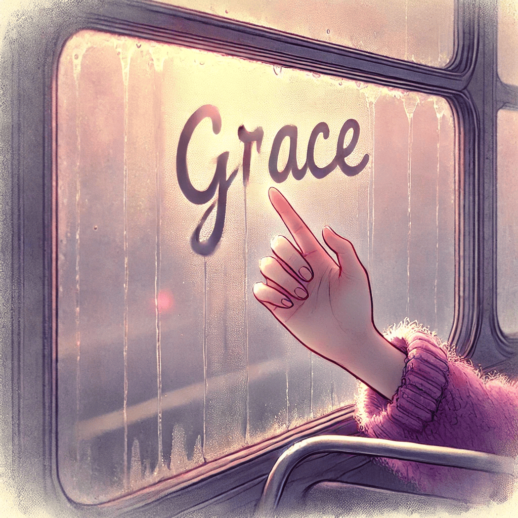 DALL·E 2024-10-16 01.29.13 - A soft, pastel-toned illustration capturing the tender moment of someone writing the name Grace with their finger on a foggy bus window. The scene s.png