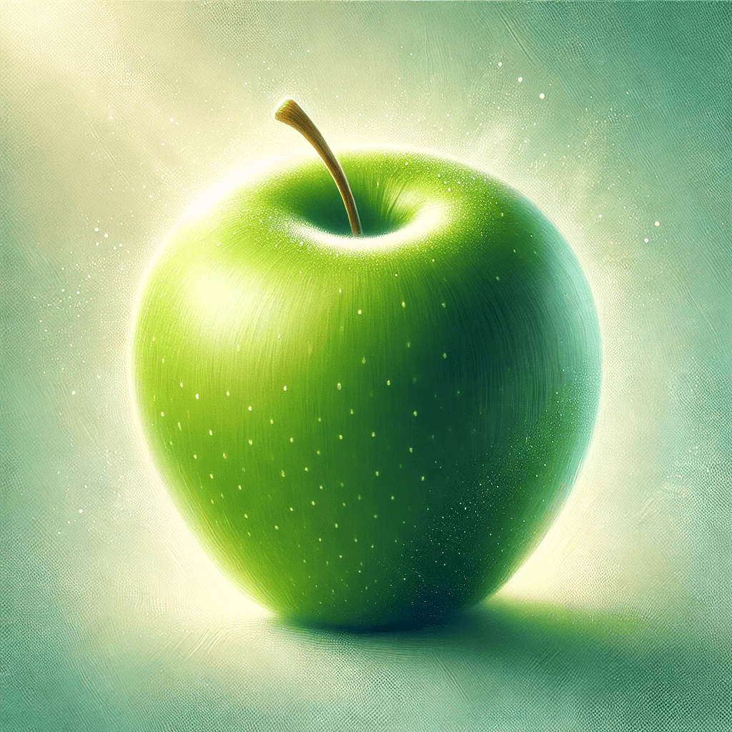 DALL·E 2024-10-15 23.00.38 - A green unripe apple, symbolizing a fresh start, painted in a soft and hopeful tone. The apple is slightly dewy, glowing with a natural brightness, su.png