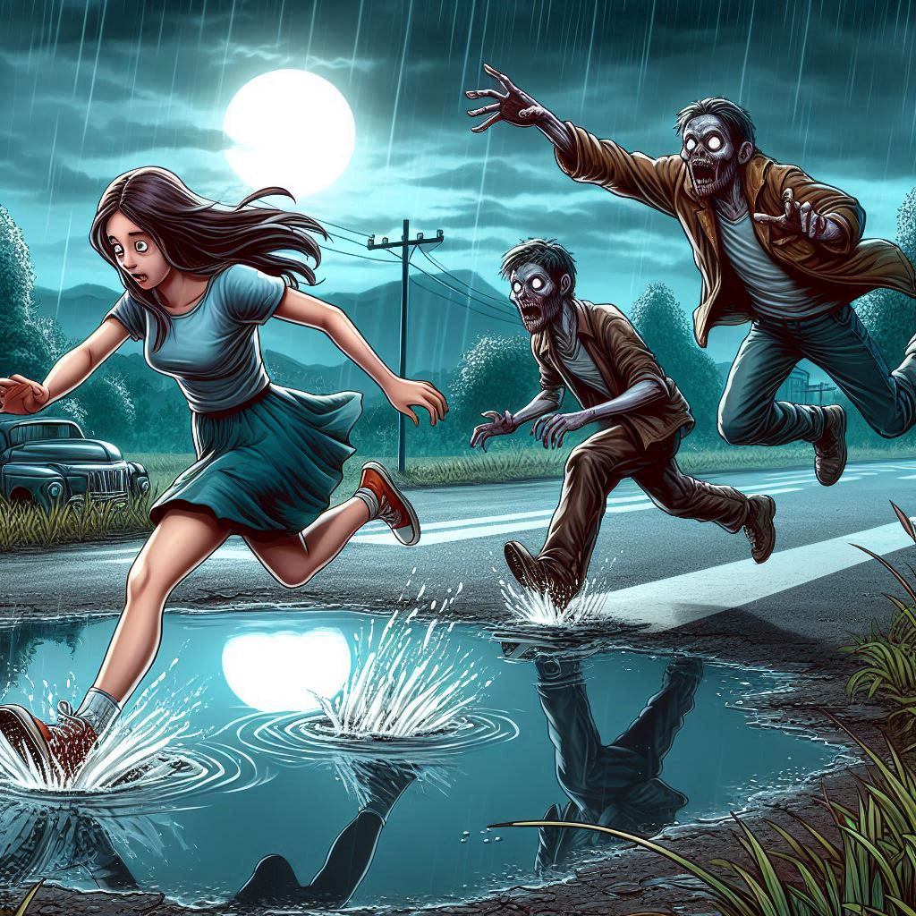 A scene with a zombie chasing a girl and a person jumping over a water puddle to save her.png
