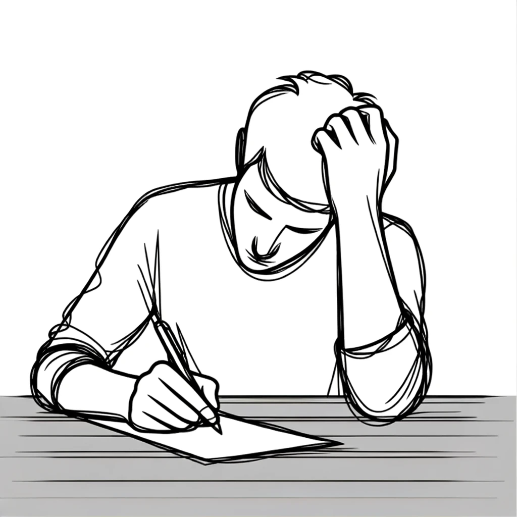 DALL·E 2024-01-26 23.27.16 - A simple 2D line drawing of a person sitting at a desk, deeply engrossed in writing. The person is shown in a pose of intense concentration, with one .png