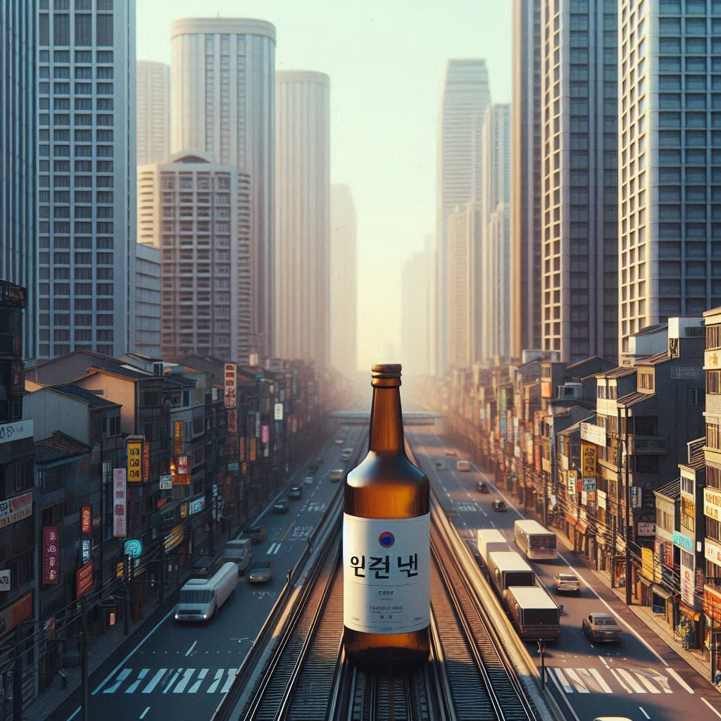 A Korean Teheran-ro with high-rise buildings on both sides, with a bottle of soju in the middle, and a slightly somber color tone..png