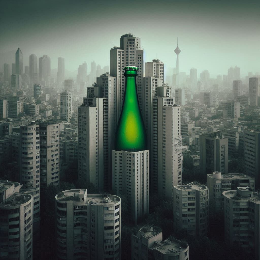 A high-rise building in Teheran with a green soju bottle in the center, with a somber and heavy color tone.png