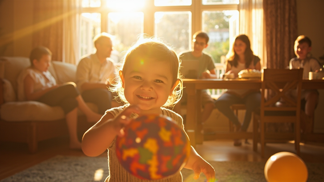따뜻한 햇살이 비치는 거실, 세대가 함께 있는 가족.png
