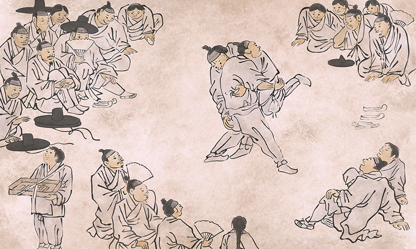 씨름은 뱃심으로 하는 운동이다. 씨름민족의 나라 한국은 오늘날 유도 레슬링 종목에서 세계적인 강국이 되어있다. 사진 위키피디아(김홍도 민속화).png