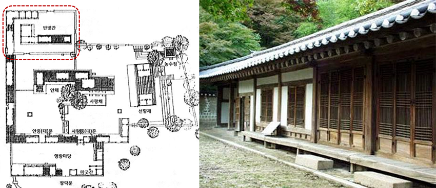 사대부가 형태로 지은 유일한 궁궐 전각인 연경당(창덕궁) 뒤뜰에 반빗간이 있다. 평면도 '한국건축사(주남철 저)' & 연경당 반빗간 '한국의 부엌(김광언 사진)'.png