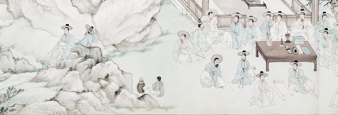 유숙의 수계도(修契圖. 1853년). 삼짇날 한양에 사는 역관과 향교 훈도 등 30여 명이 남산 묵계(墨溪)에 모여 계음을 즐기고 있다. 사진 국립민속박물관.png