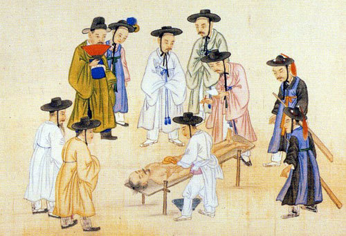 조선 후기 풍속화가 김준근이 그린 살해당한 남자의 검시 장면. 사진 한국학중앙연구원.png