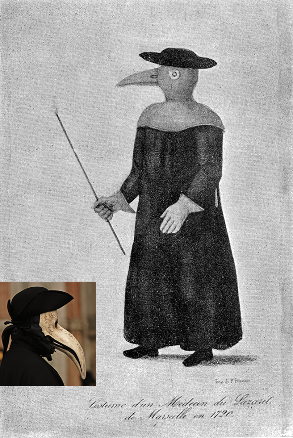 74_17세기 파리에서 페스트를 치료한 샤를 드 롬이 착용한 방역 의상. 이탈리아 베니스 축제의 ‘메디코 델라 페스테’ 가면은 이것에서 생겨났다. 사진 독일의학역사박물관, 두산백과.png