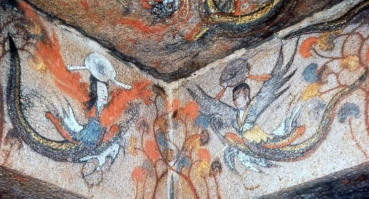 집안 4호묘 벽화. 동방신의 해에는 까마귀가, 서방신의 달에는 두꺼비가 그려있다. 사진 Baidu.com.png