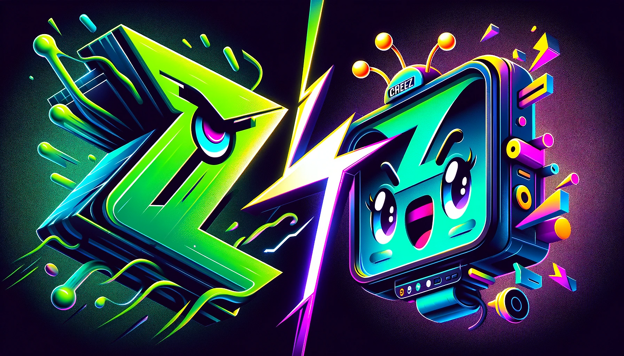 DALL·E 2024-01-21 01.38.55 - A wide digital illustration of a metaphorical face-off between two tech giants. On the left side is 'ChijiChik', a stylized, neon green letter.png