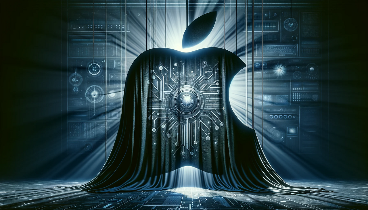 DALL·E 2023-12-20 16.20.38 - A wide-format metaphorical illustration conveying the concept of Apple, a major U.S. company, secretly hiding its advancements in generative AI techno.png