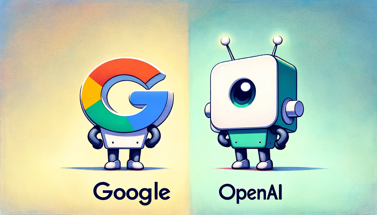 DALL·E 2023-12-26 19.09.40 - A revised version of the previously created cartoon-style illustration, now with the names _Google_ and _OpenAI_ clearly labeled on their respective s.png