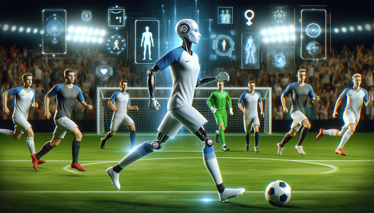DALL·E 2024-01-04 16.07.17 - A soccer game scene where one of the players on the field is an AI, seamlessly blending with human players. The AI, dressed in a futuristic soccer uni.png