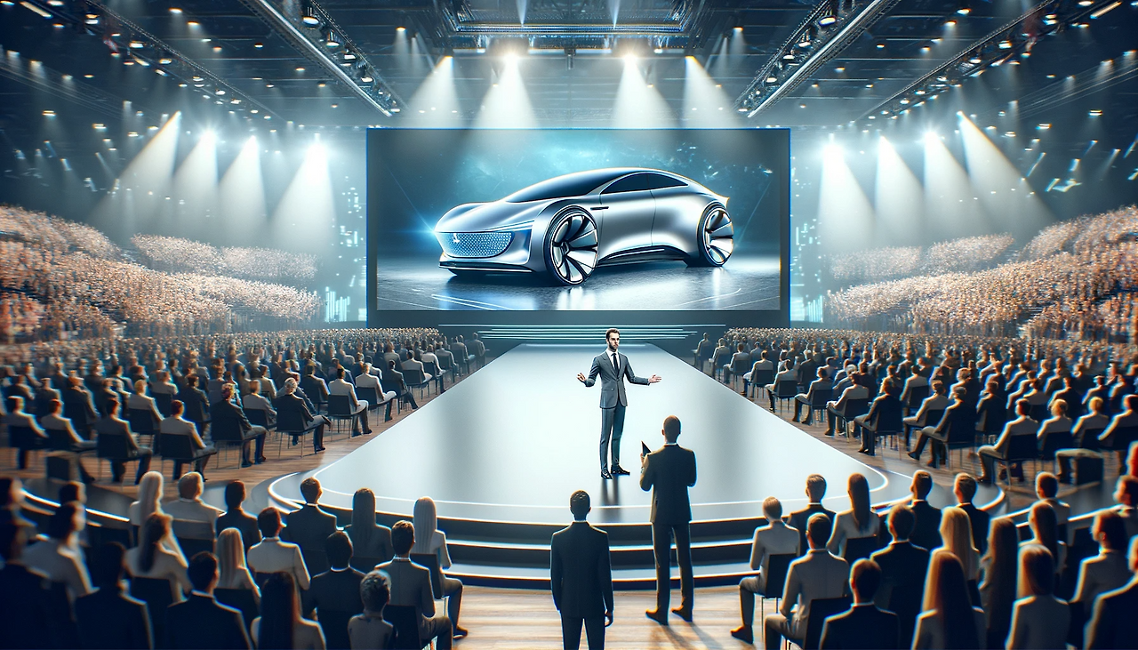 DALL·E 2024-01-28 12.08.36 - A successful CEO is standing in the center of a stage at a conference, introducing a futuristic car. The setting is a large, well-lit auditorium fille.png
