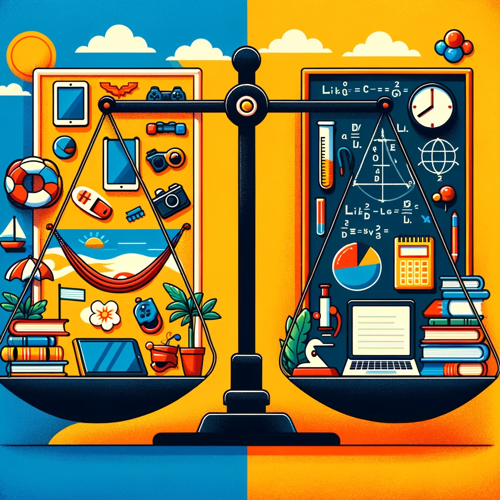 DALL·E 2023-12-11 15.02.09 - A flat design illustration depicting the balance game concept of 'Lifetime of Leisure vs. Lifetime of Study'. One side of the image shows a relaxed, l.png
