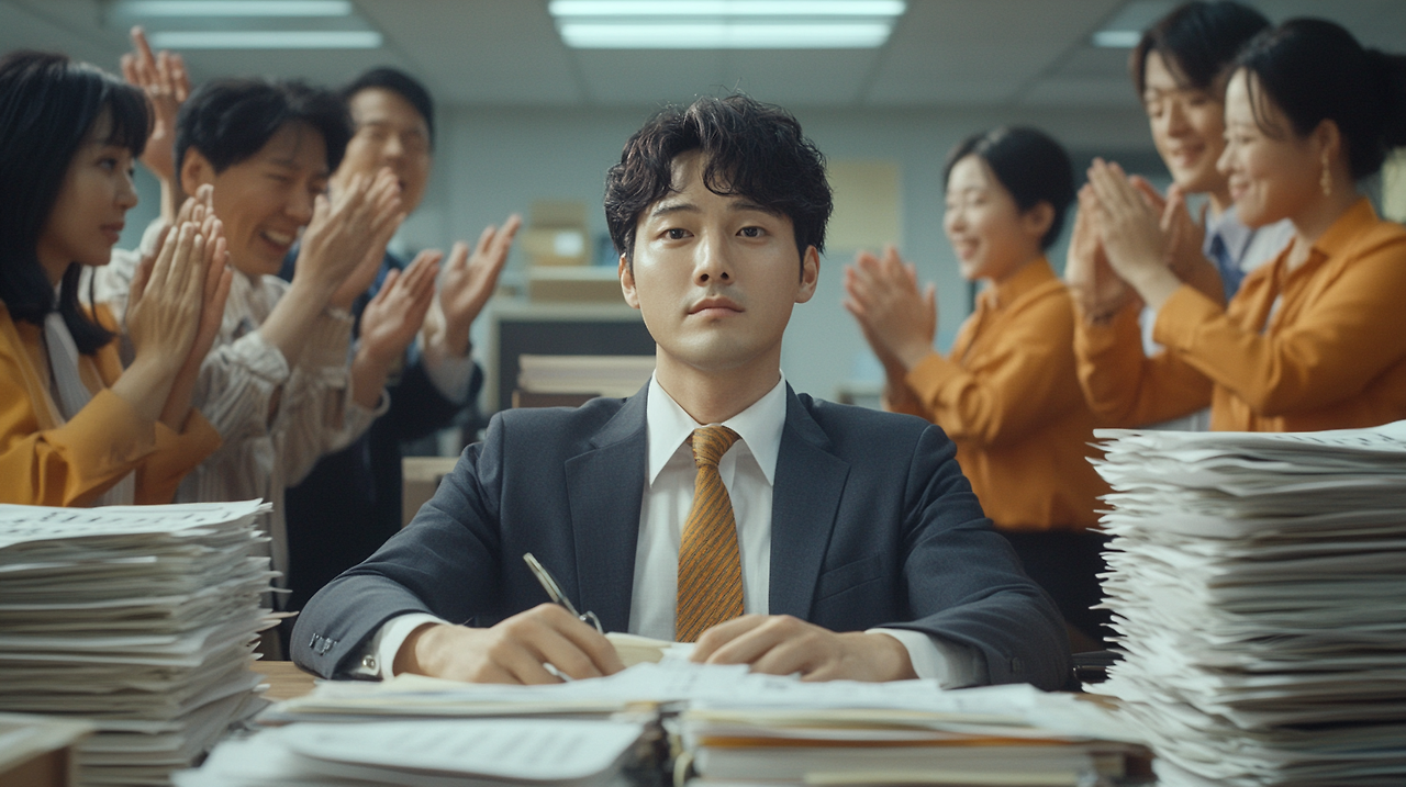 dnfvnsxn_A_hardworking_office_korean_employee_sits_at_a_clutt_cbe7fa05-68ee-45a4-b547-032c04298a67_1.png