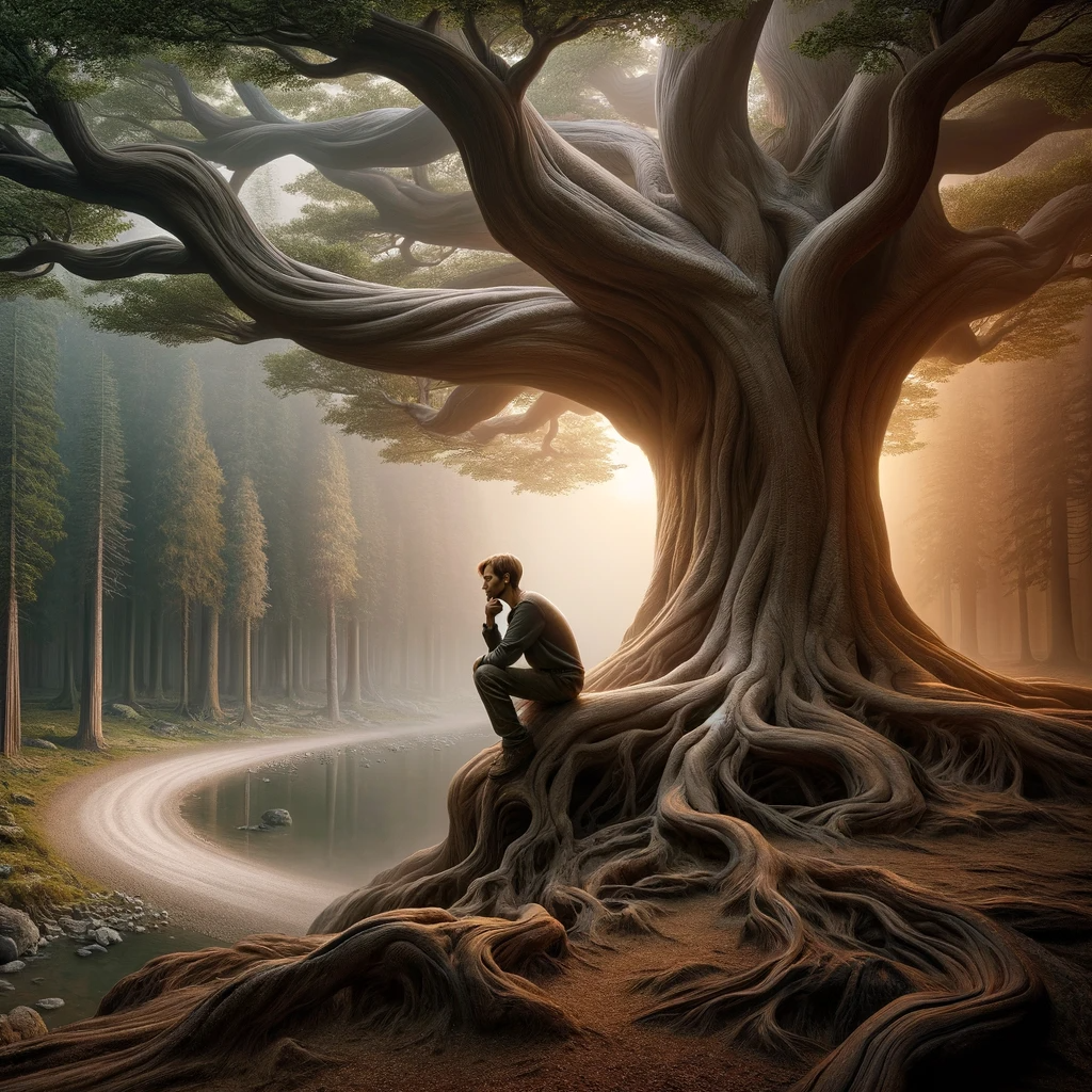DALL·E 2023-12-16 19.13.07 - An ultra-realistic portrayal of a person contemplating under a grand, detailed tree, capturing the essence of fate versus free will. This hyperrealist.png