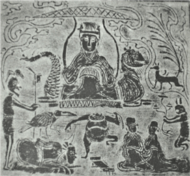 한나라 서왕모 화상석(우로부터 시계방향으로 구미호, 토끼, 두꺼비, 삼족오가 보인다).png