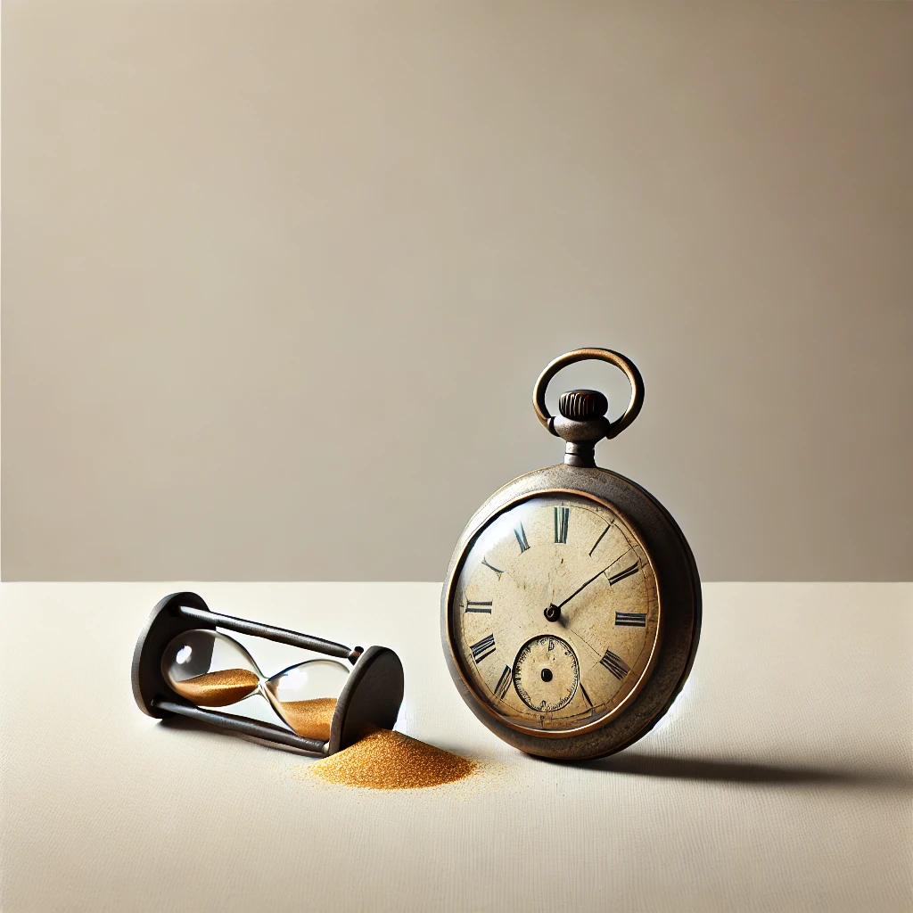 DALL·E 2025-06-05 21.51.52 - A minimalist, clean background featuring a rusted, old pocket watch and a fallen hourglass. The pocket watch is weathered with a cracked glass and rus.png