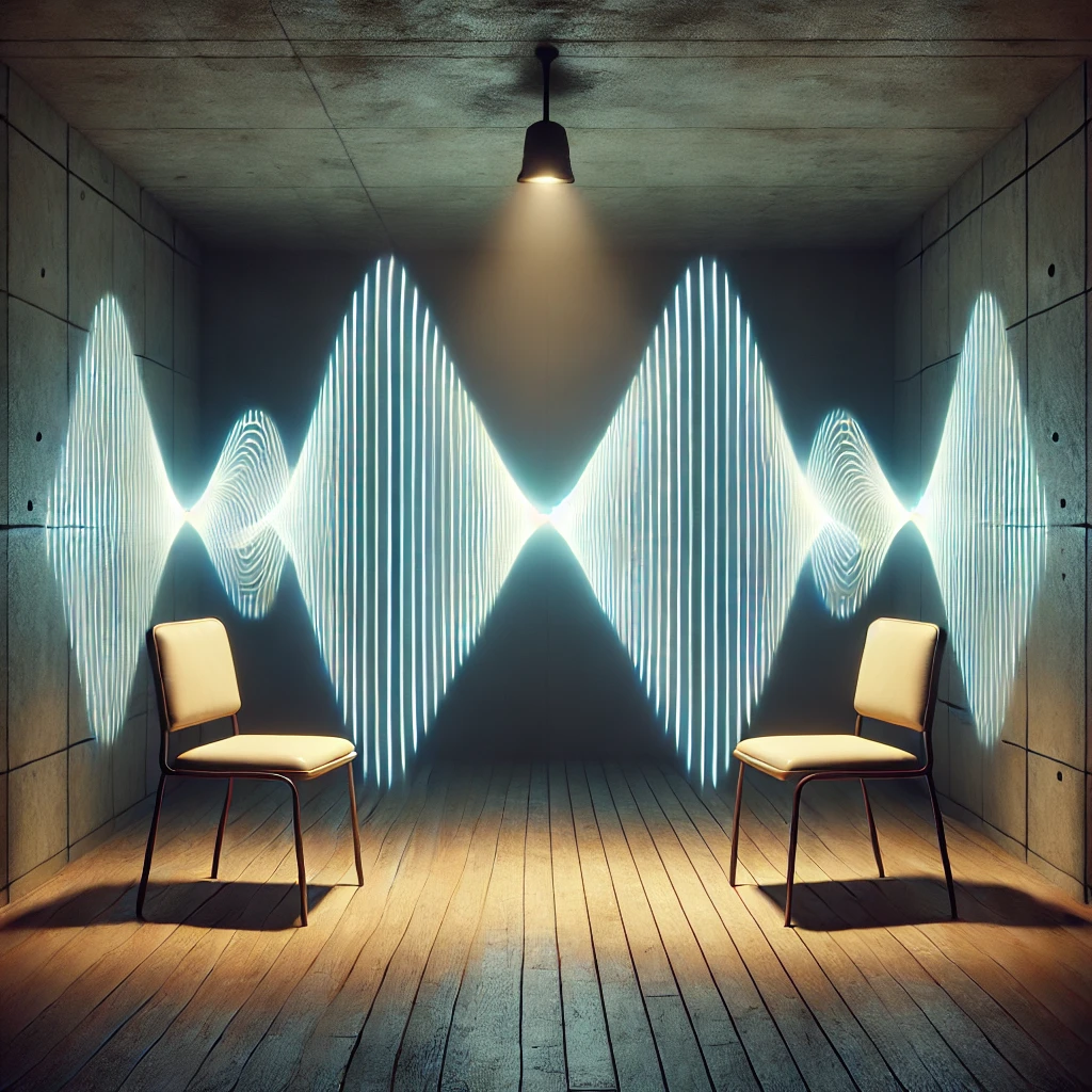 DALL·E 2025-06-08 16.38.18 - In a dimly lit simple empty room without mirrors, place only two chairs facing each other. Visualize the superposition of two distinct sinusoidal wave.png