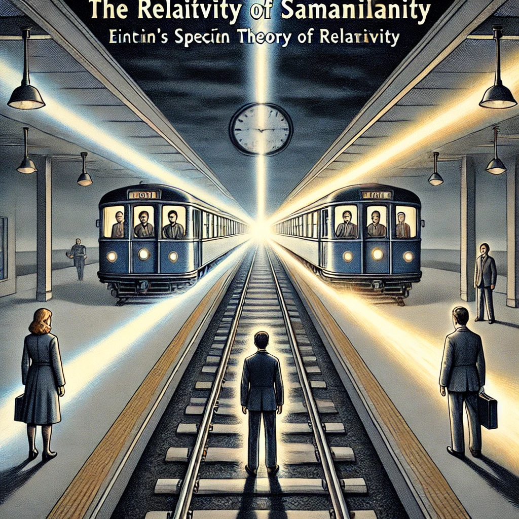 DALL·E 2025-06-17 11.08.05 - An educational illustration demonstrating the relativity of simultaneity from Einstein's special theory of relativity. The scene shows a train moving .png