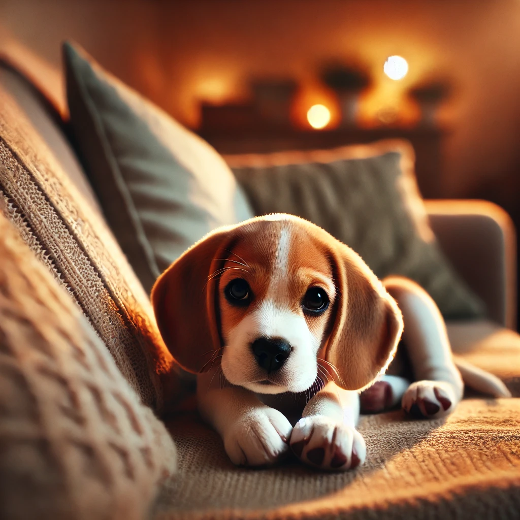 DALL·E 2025-06-05 21.28.42 - A cute beagle puppy lying down on a cozy sofa in a warmly lit living room. The puppy is shown slightly from the side, with its body facing sideways an.png