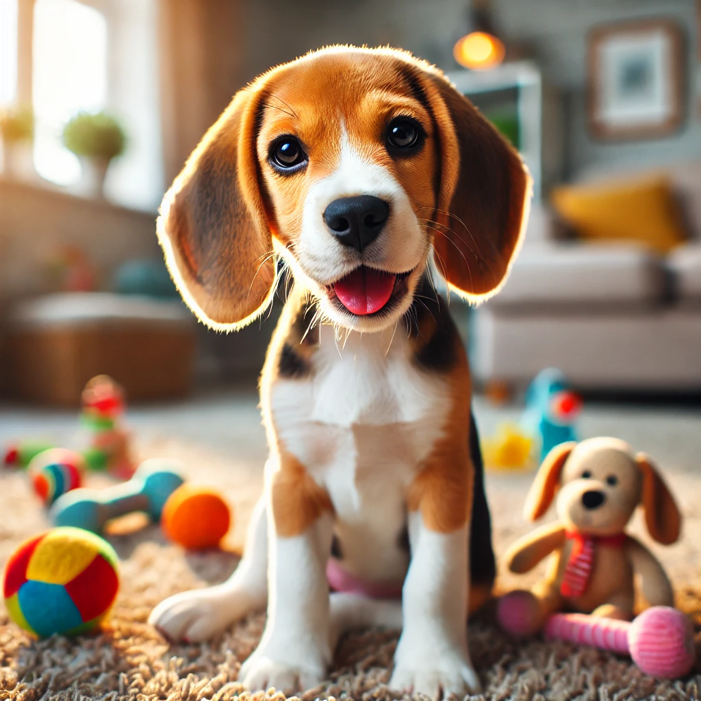 DALL·E 2025-06-07 17.10.45 - An 8-month-old beagle puppy sitting happily in a slightly messy room with a few scattered toys. The beagle has floppy ears, big brown eyes, and a brig.png