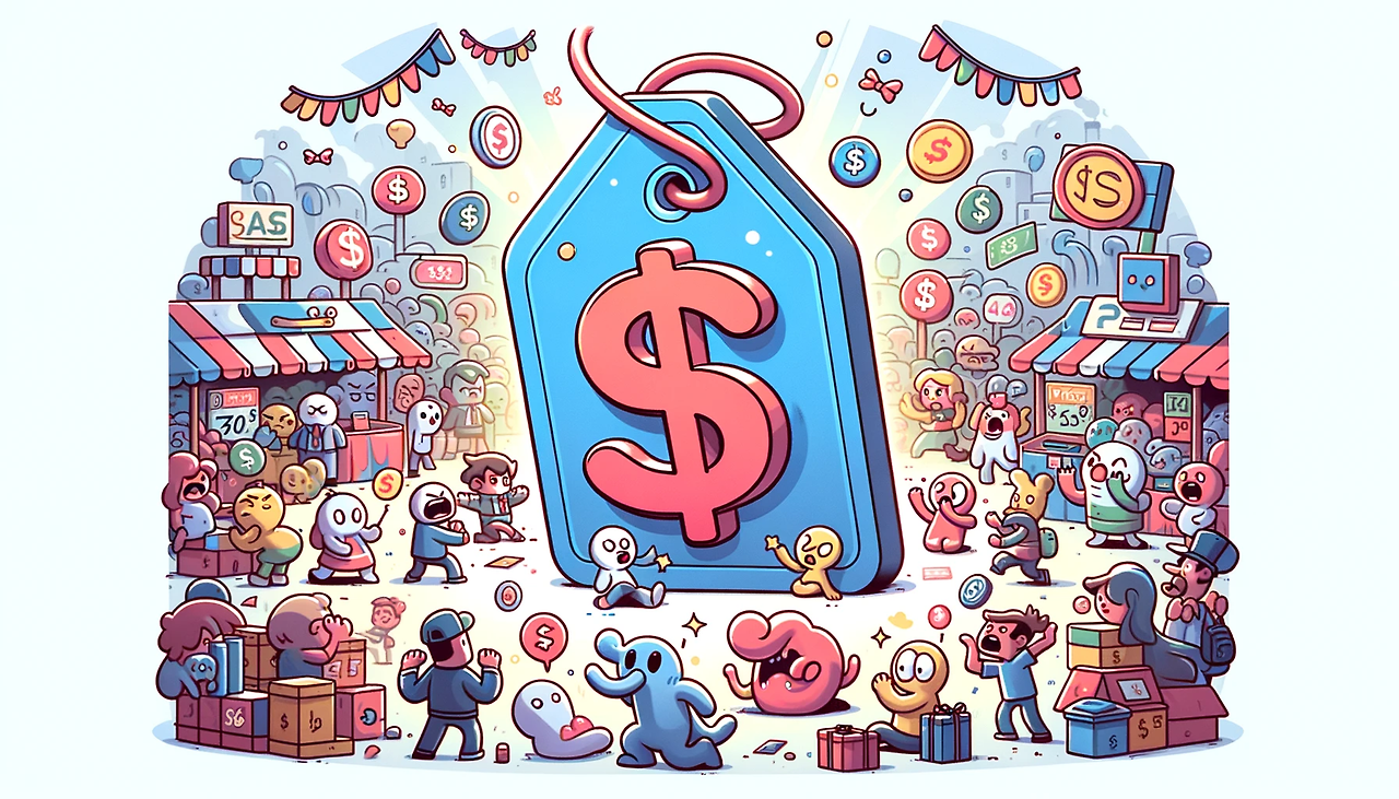 DALL·E 2024-02-27 21.38.25 - A simple, cartoon-style wide image illustrating the concept of pricing. The scene includes a large, colorful price tag with a dollar sign on it, promi.png