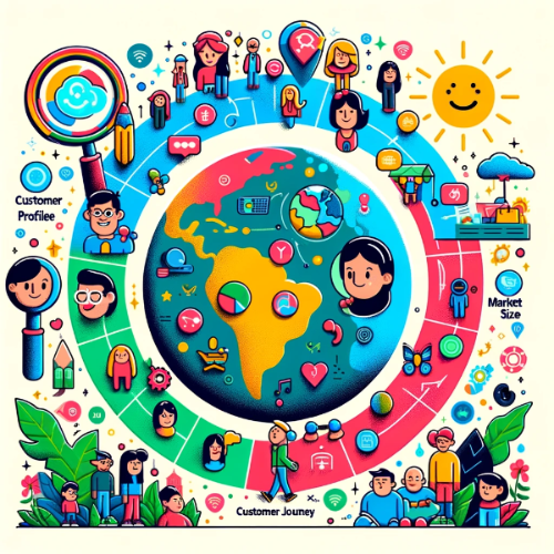 DALL·E 2024-02-23 22.39.06 - Create an illustrative, colorful image without any words or texts, capturing the essence of customer profile, market size, and customer journey. The i.png