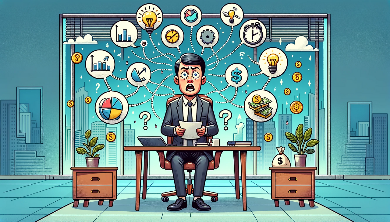 DALL·E 2024-01-29 23.09.24 - A cartoon-style illustration of a CEO in an office, looking confused and overwhelmed. The CEO, depicted with exaggerated cartoonish features, is surro.png