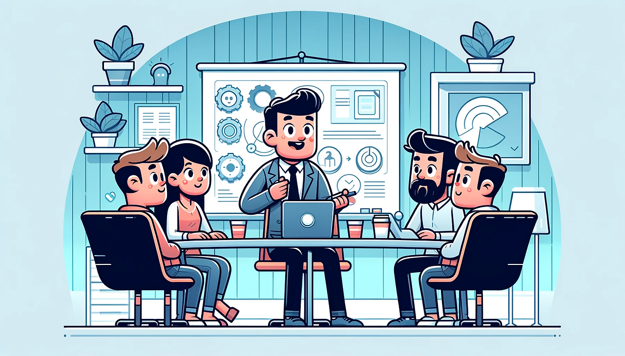 DALL·E 2024-01-26 21.57.03 - A wide, cartoon-style, simple illustration of a product manager in an effective meeting, with a more minimalistic approach. The scene includes the pro.png