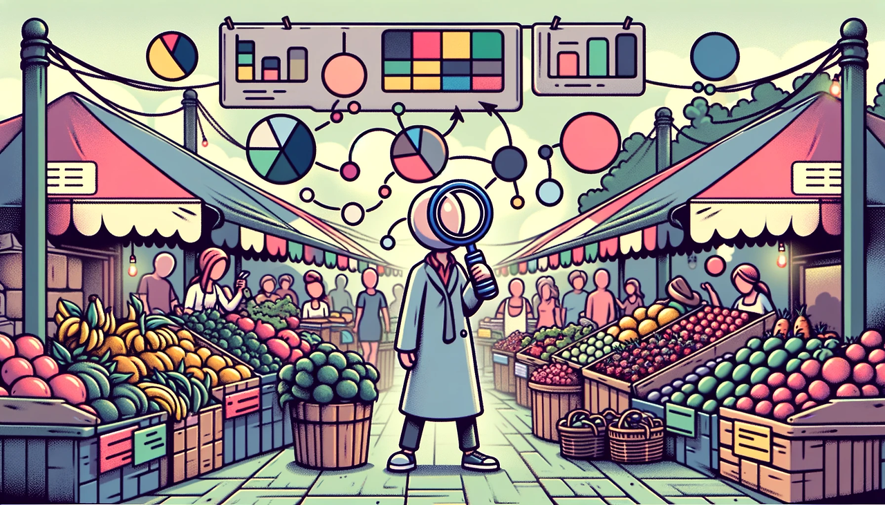 DALL·E 2024-02-20 19.25.19 - Create a balanced, cartoon-style image of a marketer doing market sensing, with a moderate color palette to avoid being overly colorful. Set in an out.png