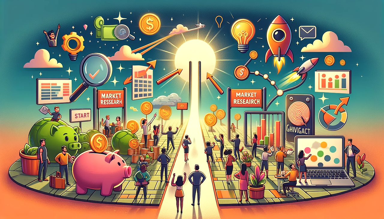 DALL·E 2024-02-12 23.27.34 - A cartoon-style, wide image illustrating the objectives to seek for in a startup. The scene includes various symbolic elements_ a large, glowing goalp.png