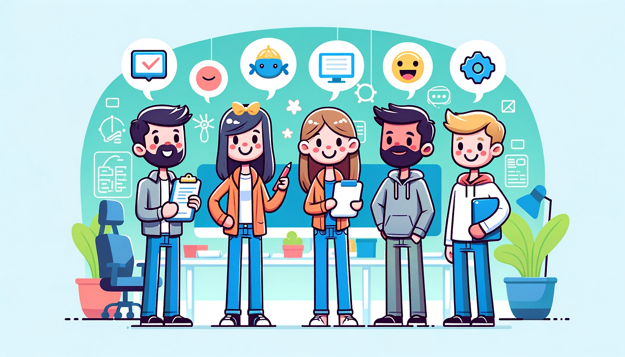 DALL·E 2024-01-27 22.03.00 - A cartoonic, simple illustration of a team of software product professionals. It includes a product manager, a product designer, and two engineers. Th.png