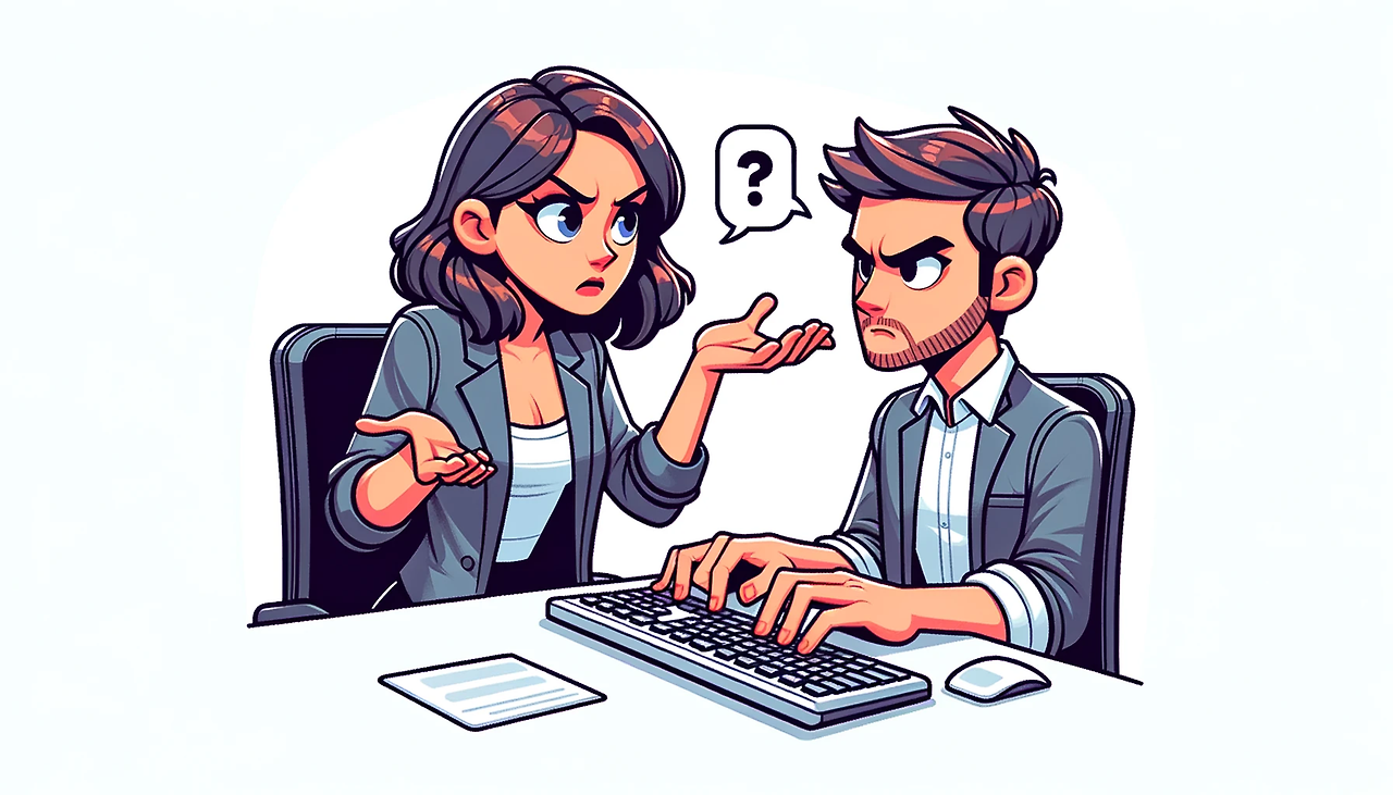 DALL·E 2024-02-23 23.48.31 - Design a simple, wide, cartoon-style image without any texts or words, showing a female marketer looking perplexed while interacting with a male softw.png