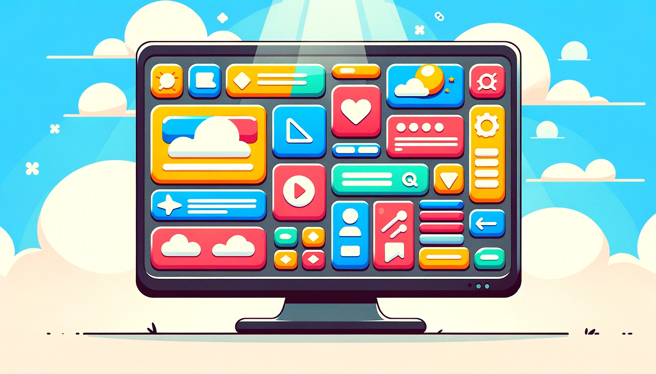 DALL·E 2024-02-22 11.21.38 - A cartoonish, wide, and simple illustration of a software prototype interface. The image features a large, colorful screen displaying a user-friendly .png