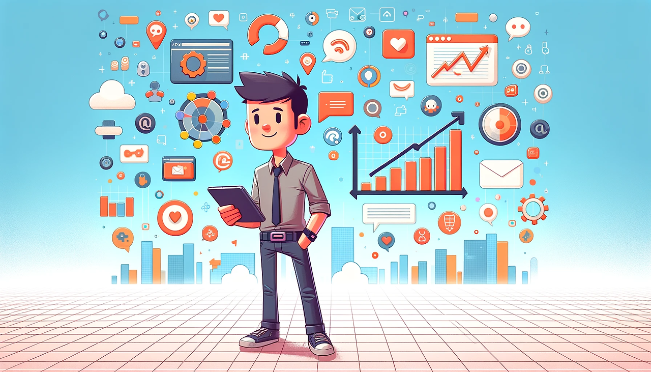 DALL·E 2024-02-16 01.14.54 - A simple and cartoonish wide scene depicting a product marketer of a software startup. The character is drawn in a playful, exaggerated style, standin.png