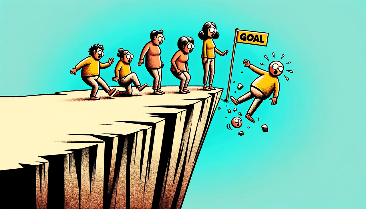 DALL·E 2024-02-29 20.47.05 - A simple, cartoon-style image depicting a group of stylized people on the edge of a cliff. These figures are humorously slipping and falling, illustra.png