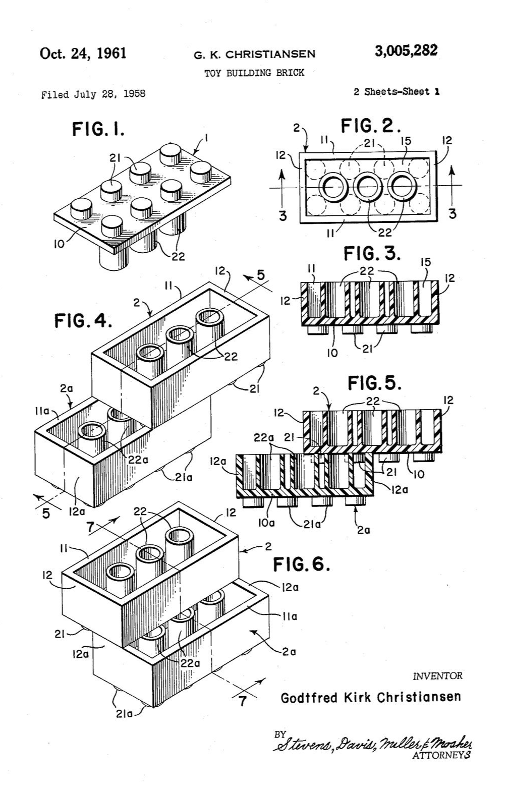 US3005282A_Toy_building_brick_(1958_filed,_1961_published)_by_Christiansen_Godtfred_Kirk_-_Lego_brick,_p.1,_Fig._1_6.png